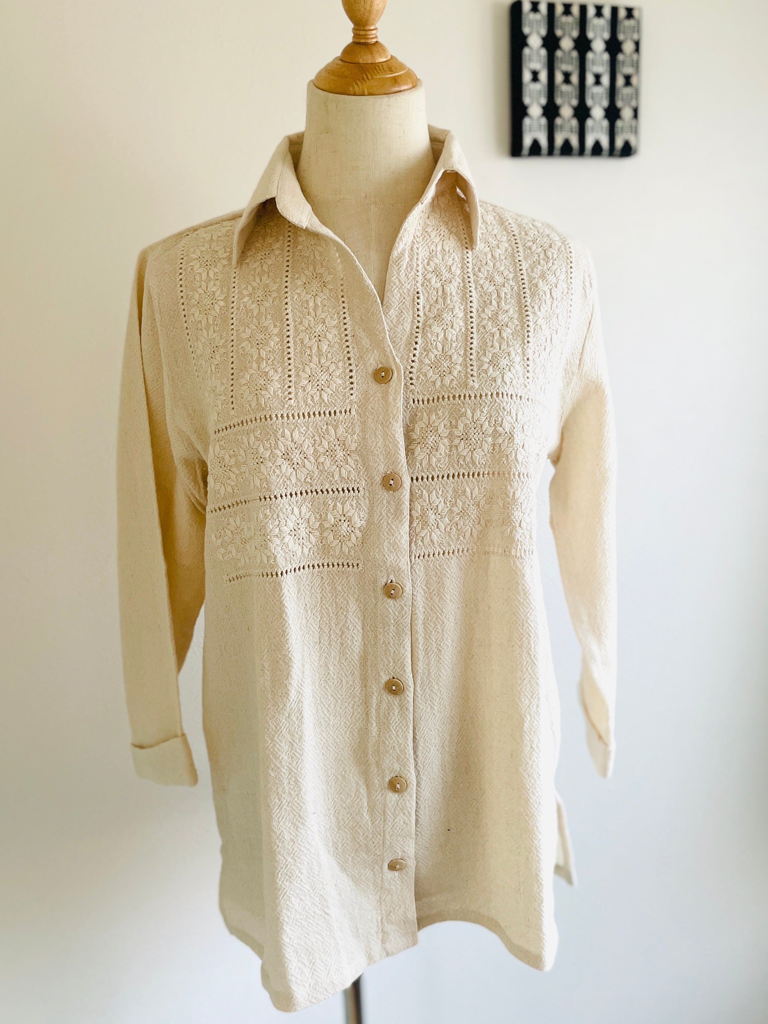 Camisa organica | きなりのアオポイ開襟シャツ