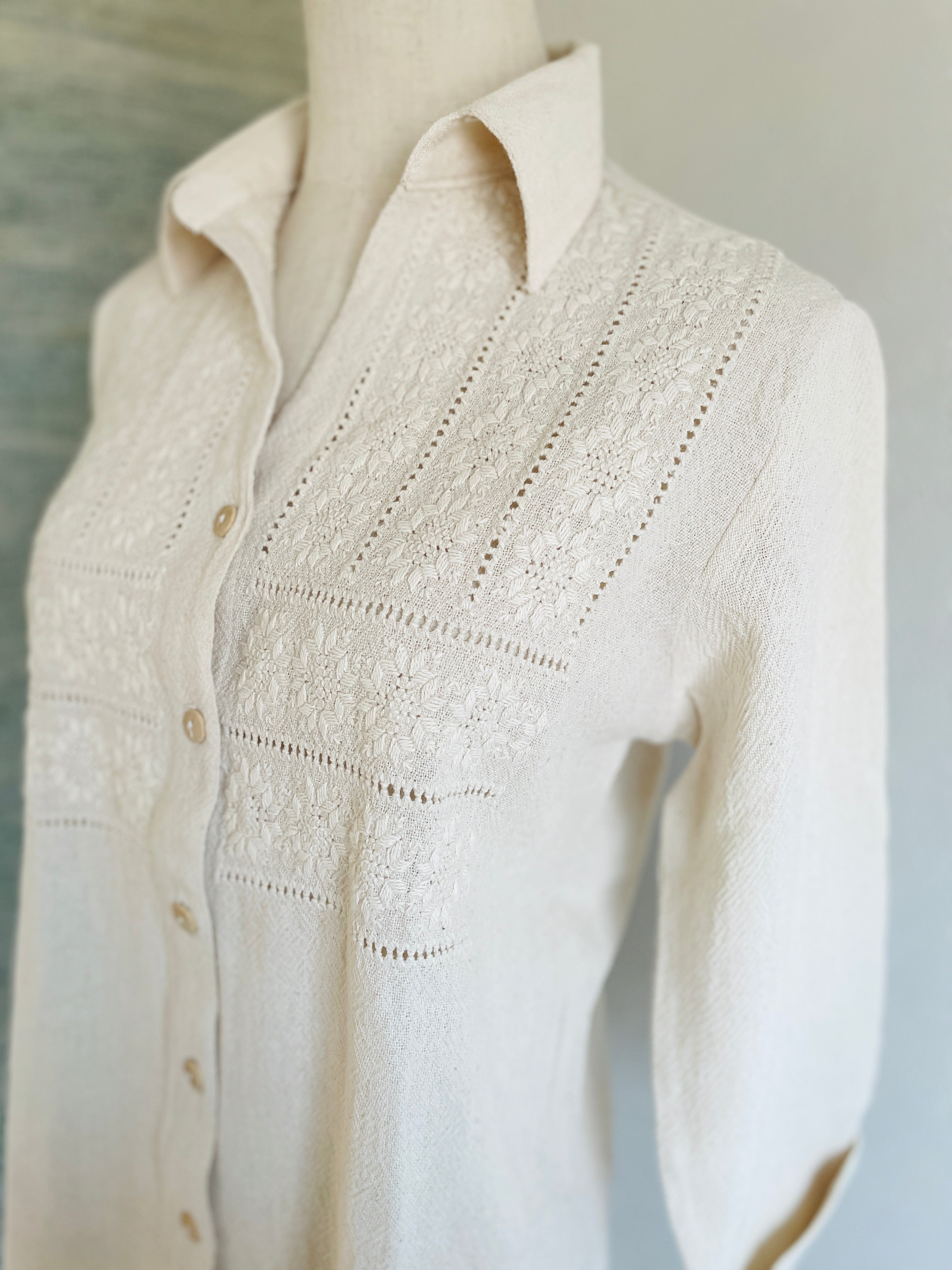 Camisa organica | きなりのアオポイ開襟シャツ